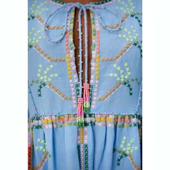 FARM Rio NWT Embroidered Pineapple Maxi Dress Beaded Tassel Linen Blue Size S - Picture 4 of 16